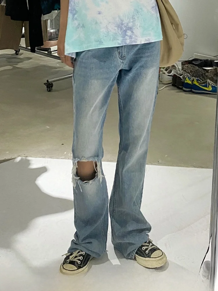 

DNT корейские джинсы Fire New Hole, женские свободные удлиняющие брюки, повседневные винтажные джинсы с талией