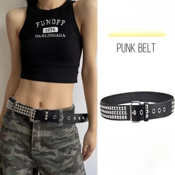 Unisex Punk Rock Pyramid-Studded Rivet Belt - Sleek Black with Grommets and Bright Metal Detailing - Fashion Accessory for Edgy