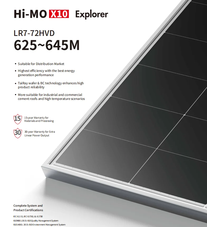 Longi Hi- Mo X10  LR7-72HVD 625-645M BC-CELL Solar Module N-Type Monocrystalline Silicon Solar Panel  Half Cell PERC