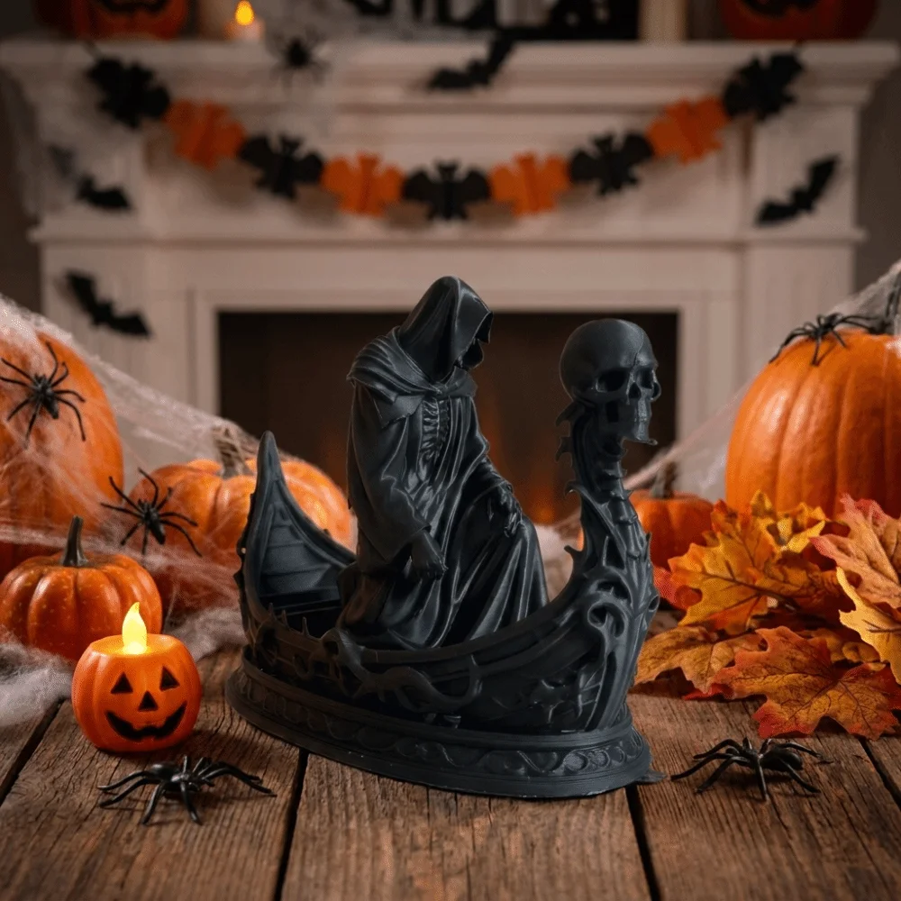 Gothic Style Grim Reaper Statue Resin Lightweight Ferryman Sculpture Mysterious Design Black Skeleton Figurine Halloween Decor