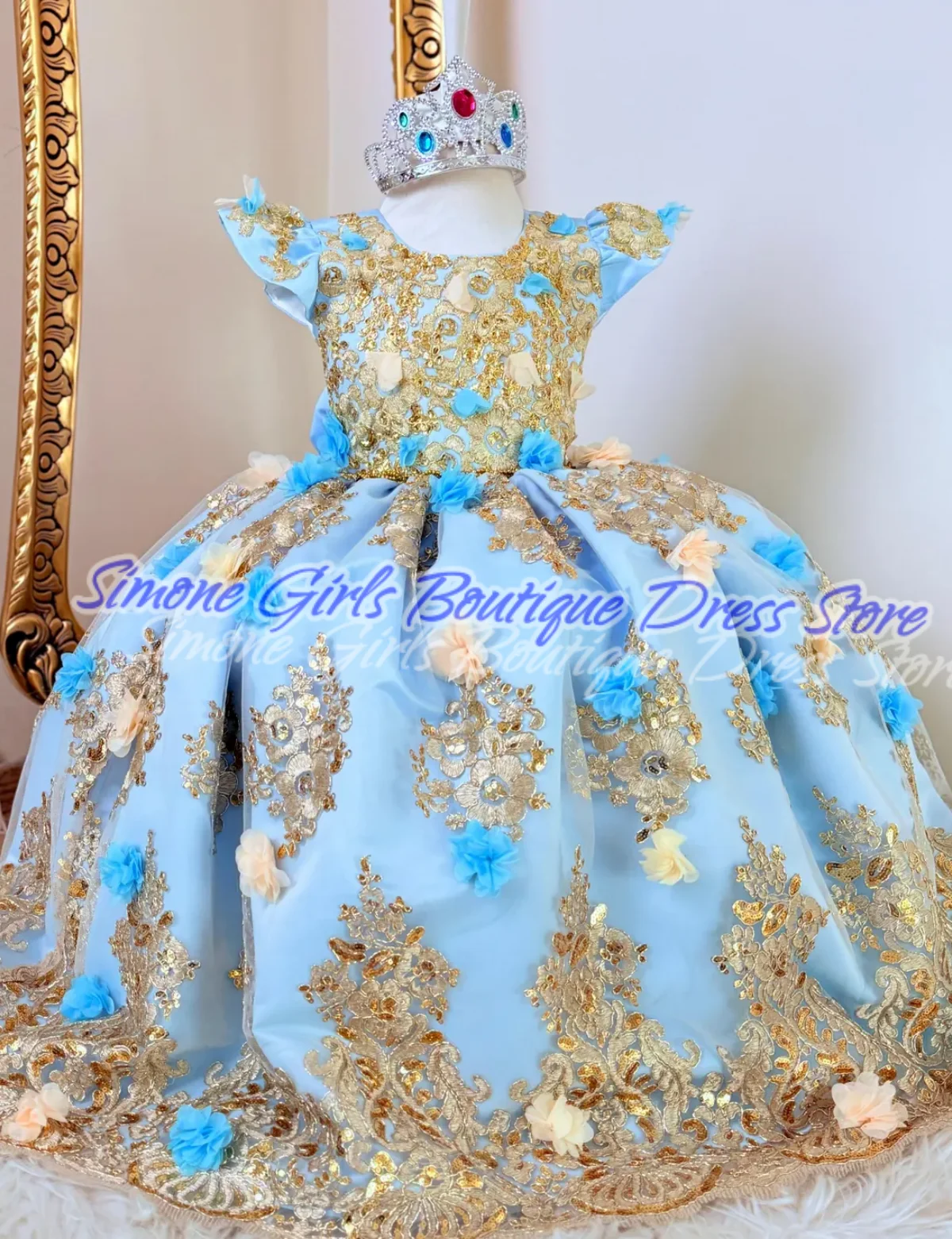 Appliques Blue Bow short-sleeved princess dress Flower Girl Dress for Birthday party Instrumental playing Dance Performances