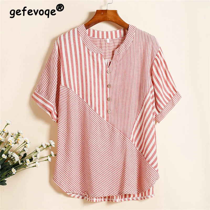 Women Striped Comfortable Cotton Linen Blouse Summer Simple Casual Loose Shirts Asymmetric Short Sleeve Tops Female Blusas Ropa