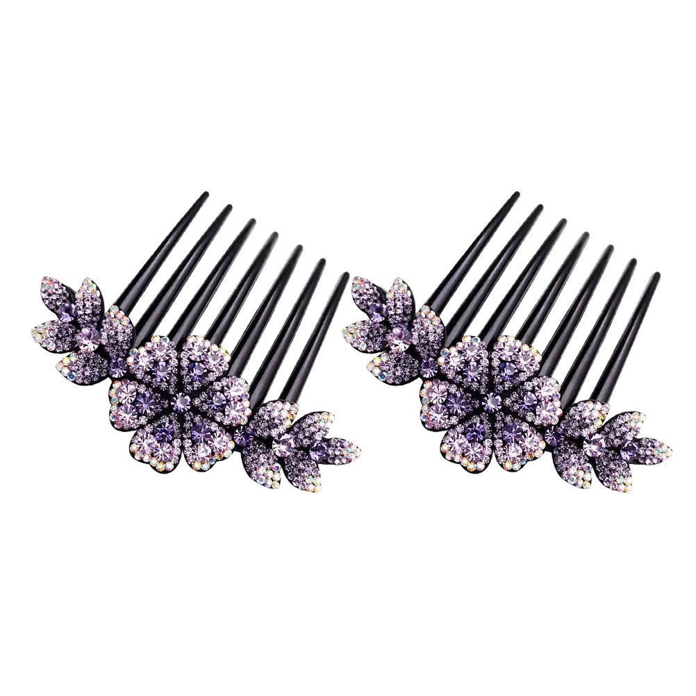 

2 Pcs Hair Comb Bridal Rhinestone Crystal Party Flower Side Purple Wedding Bride