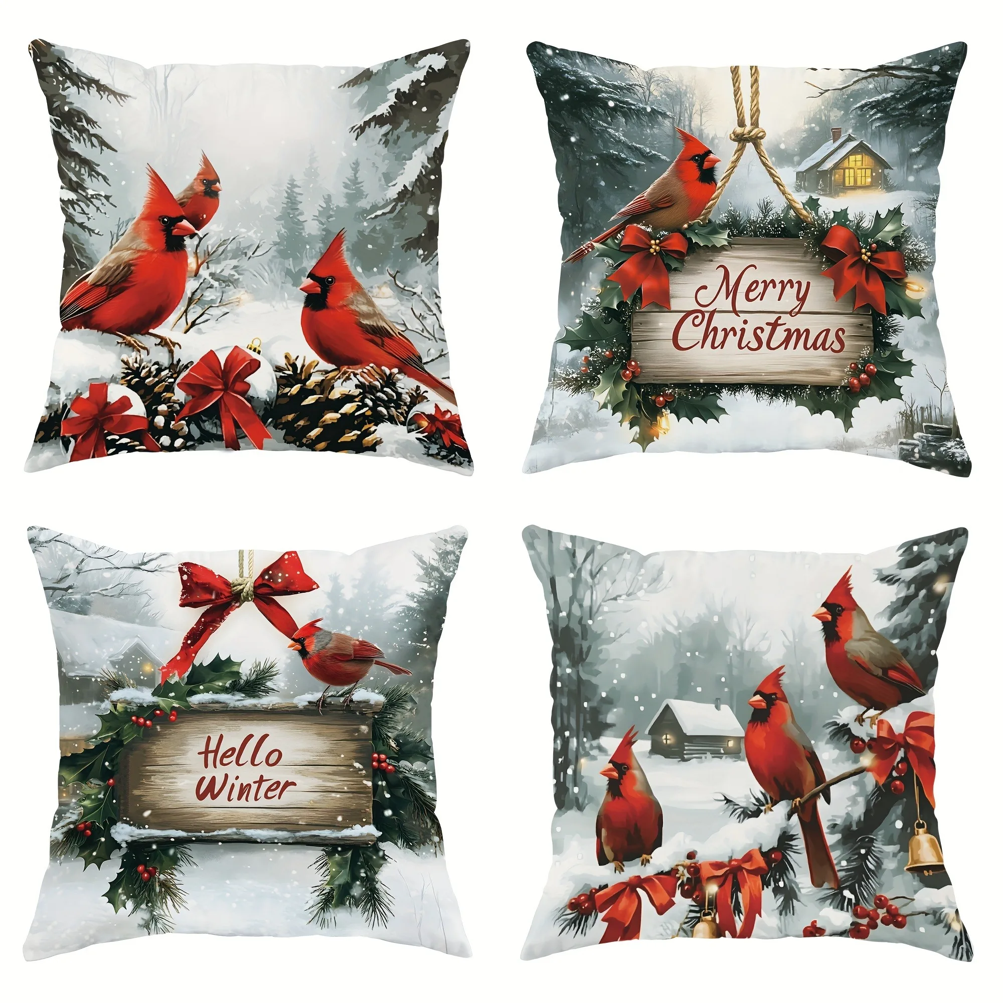 

Home Decor Cardinals & Winter Greetings Pillow Covers Pattern Cushion Cover Suitable For Sofa Bedroom Car Pillow Cover