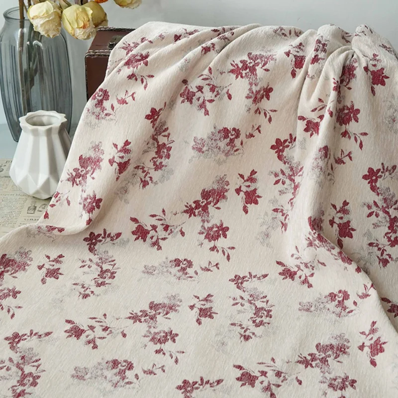 1 Meter Red Branch Small Floral Chenille Jacquard Fabric Elegant Skirt Vest Tablecloth Handmade DIY Craft Material Autumn Winter