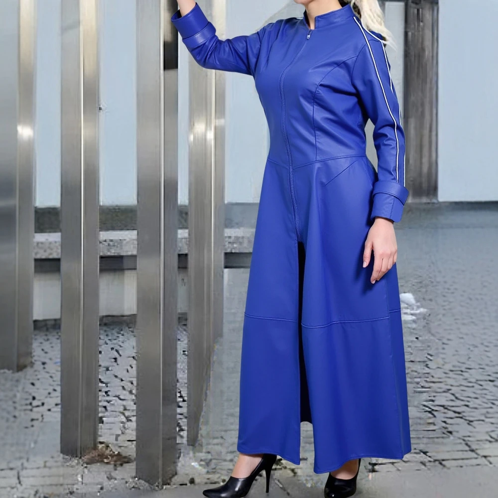 سترة نسائية طويلة برقبة عالية للخريف والشتاء، ملابس خارجية جلدية بأكمام طويلة وسحّاب