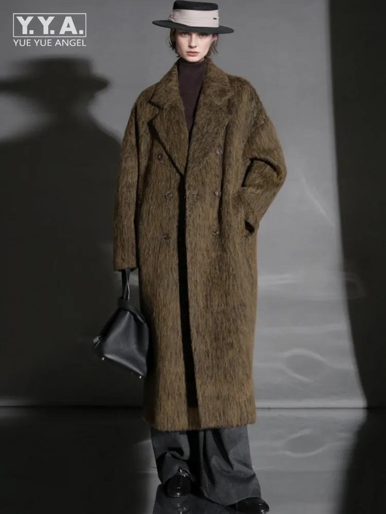 

Винтажное женское пальто с длинными рукавами, зимнее двубортное пальто из овечьей шерсти с отложным воротником, длинное пальто средней длины, верхняя одежда свободного покроя