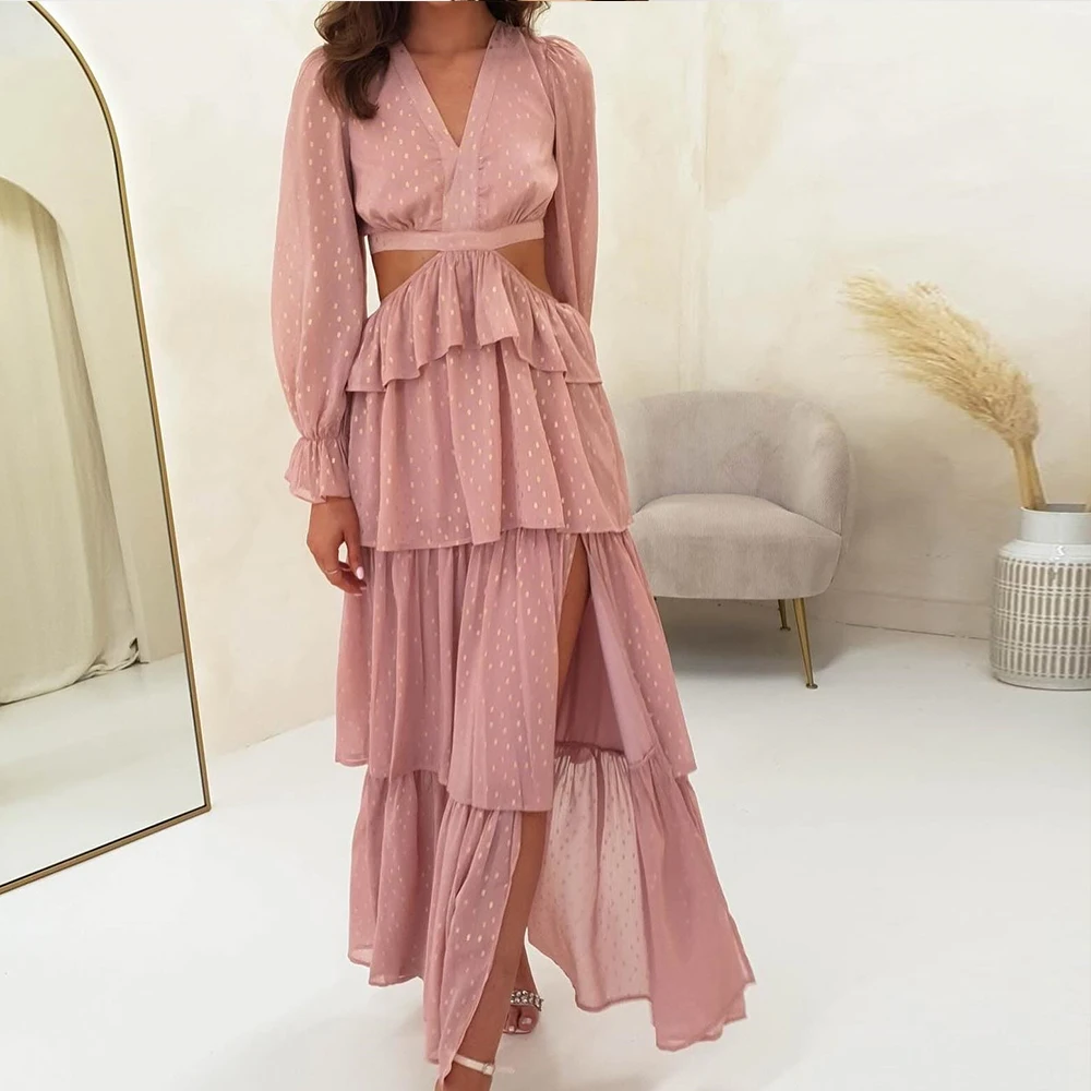 

Dresses For Formal Occasions Long Sleeves Contrast Color Lace Up Back Tiered Chiffon Ruffles Side Silt V-Neck Bespoke Occasion