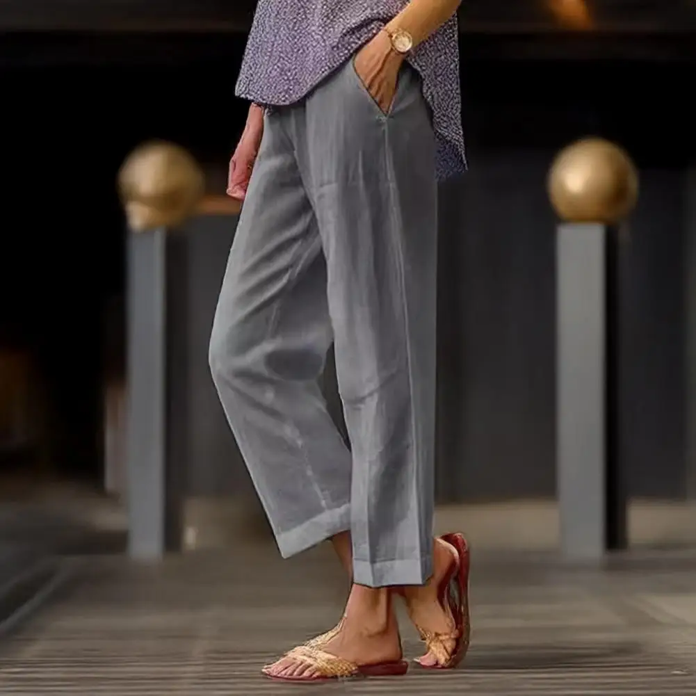 Frauen Baumwolle Leinen Hosen Casual Lose Feste Elastische Taille Tasche Gerade Hosen Damen Oversize Breite Bein Hose Streetwear