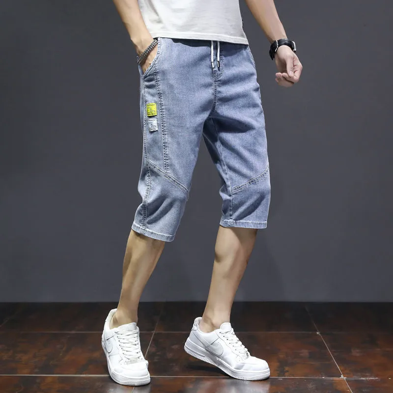 

2023 Spring Summer Denim Shorts Men Korean Large Size Knee Length Solid Straight Casual Loose Bermuda Jeans Short Pants Male