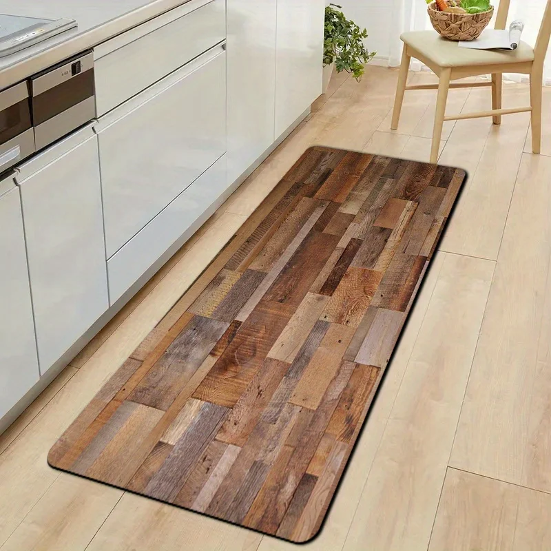 Farmhouse Wood Grain Kitchen Runner Rug, Non-Slip Washable Floor Mat with Vintage Plank Print for Kitchen, Sink, Cooking Area