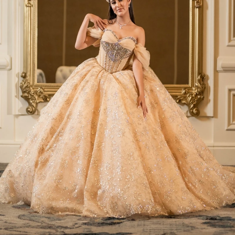 

Champagne Shiny Quinceanera Dresses Off The Shoulder Sequin Applique Lace Beads Tull Ball Gown Vestidos De 15 Anos Sweet 16