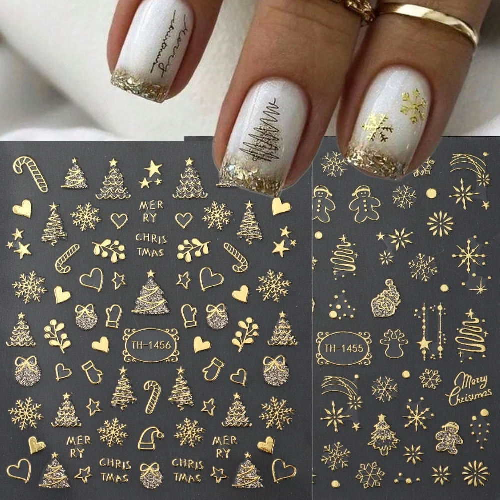 황금 눈송이, 크리스마스 트리, 순록 하트, DIY 휴일 네일 아트가 있는 크리스마스 및 새해 네일 스티커 2개