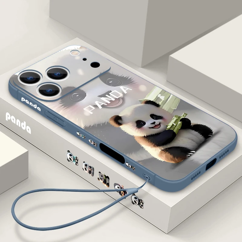 شريط للرسغ الحبل حافظة هاتف من البولي يوريثان آيفون 17 16 15 برو ماكس 12 13 14 برو ماكس اير 11 كارتون الباندا مطبوعة غطاء سيليكون ناعم