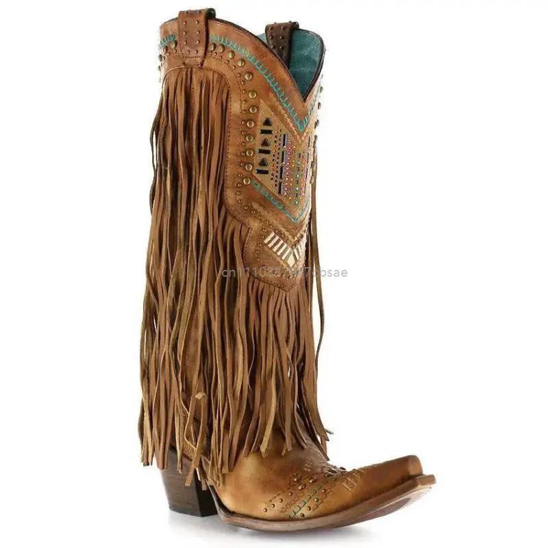 Medieval Lady Tassel Mid Tube Pointed Toe Ethnic Style Boots Retro Rivet Knight Shoes Role Playing Stage Performance Footwear 5