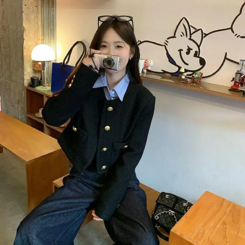 Schwarze Jacke im koreanischen Stil für Damen, kurzer Stil, Frühlings- und Herbststil, süßer Stil, Pendler, Büroangestellter, kurze Outdoor-Jacke
