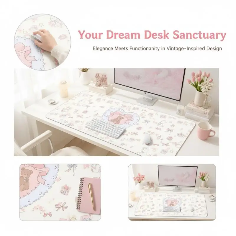 Extra Large Kawaii Desk Mouse Pad Cute Bear Cherry Print Non Slip Waterproof For Home Office Study Gaming