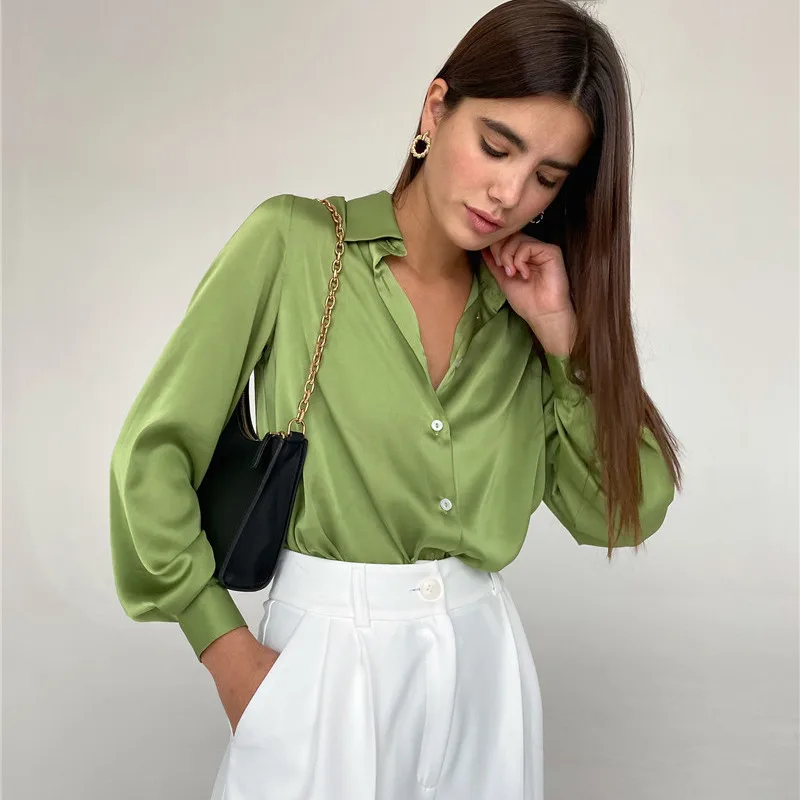 Spring Summer Women Satin Silk Blouse Casual Lapel Long Sleeve Blue Baggy Shirt Office Woman Elegant Button Up Cardigan Long Top