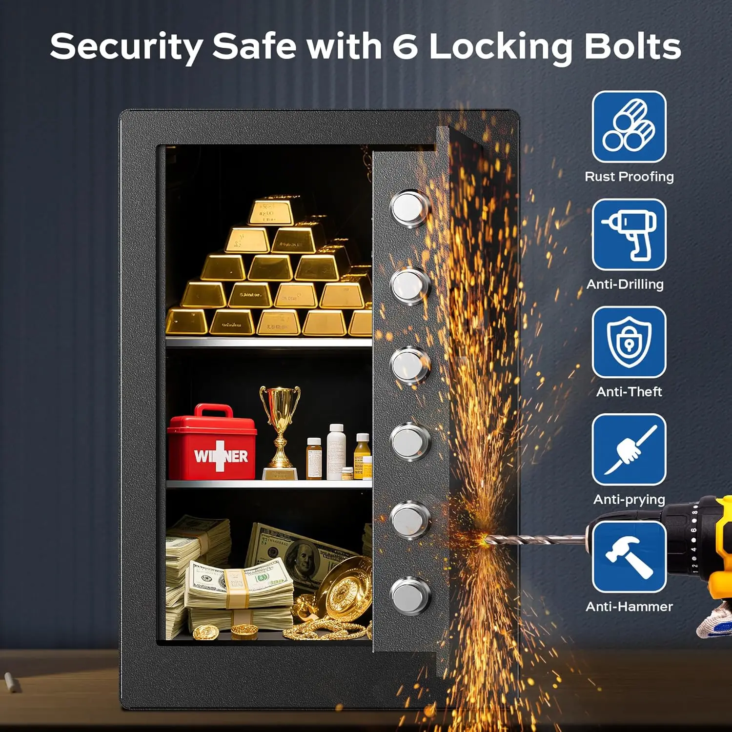 Large Steel Safe Box 3.0 Cuft for Home with LED Light, 6 Locking Bolts Electronic Safe Fireproof with Removable Shelves & Smart