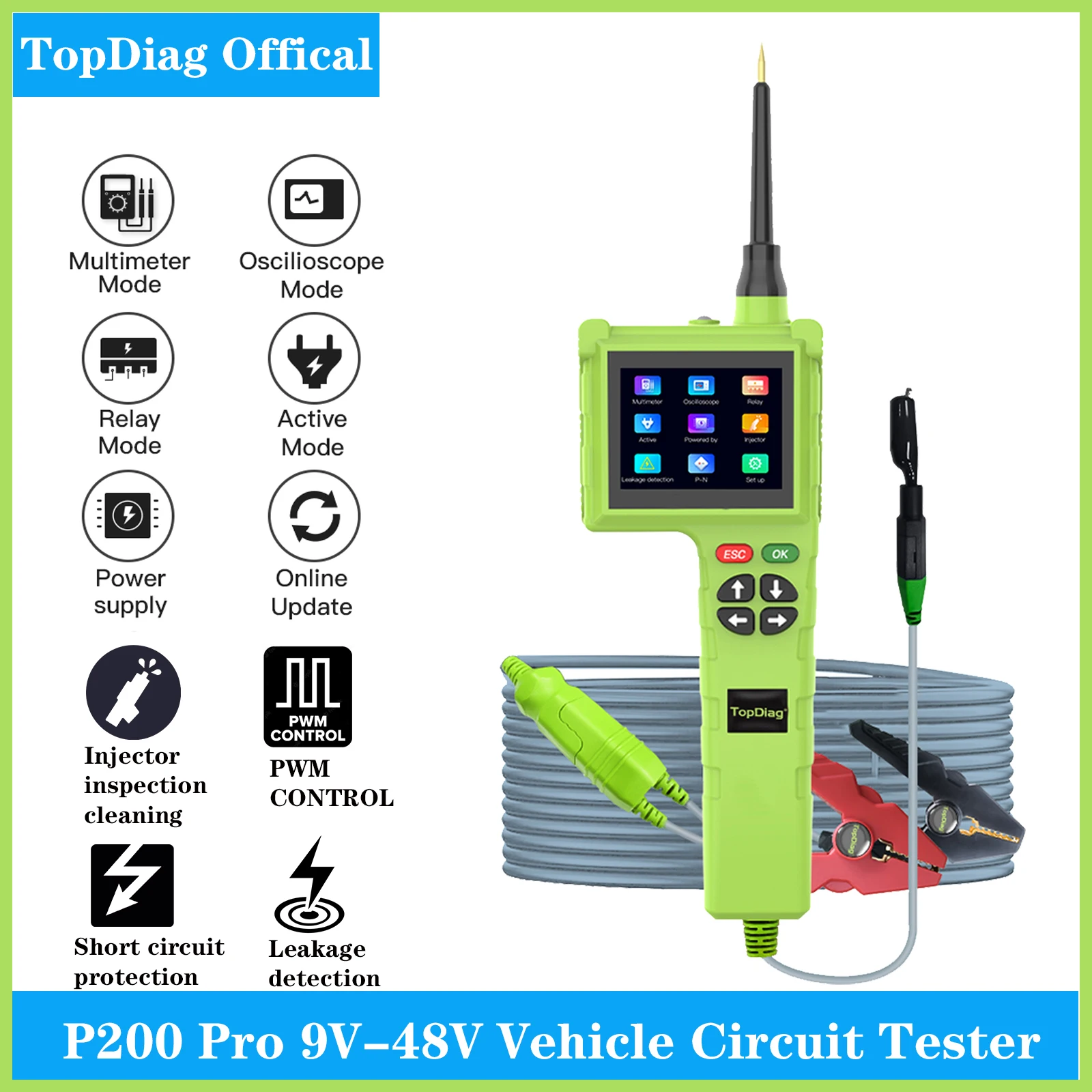 

TopDiag P200 Pro Automotive Circuit Tester Power Circuit Probe Kit Voltage Activtate Relay injector 9-48V Car Diagnostic Tool