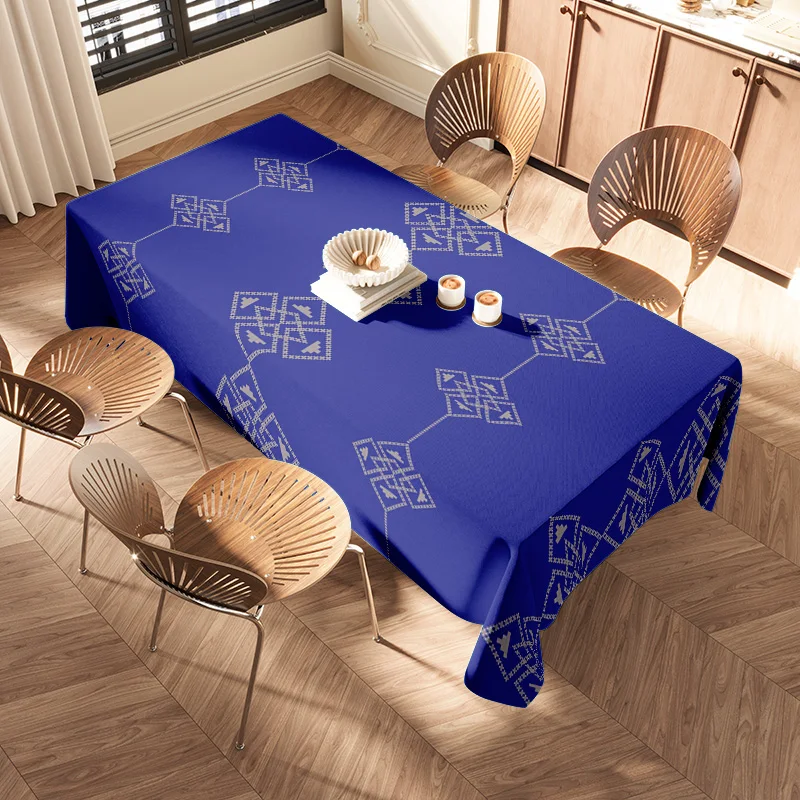 Fancy Dining Table CoverElegant Blue Floral Design 100% Polyester Stretchable Tablecloth for Home Kitchen Decoration Modern Rect
