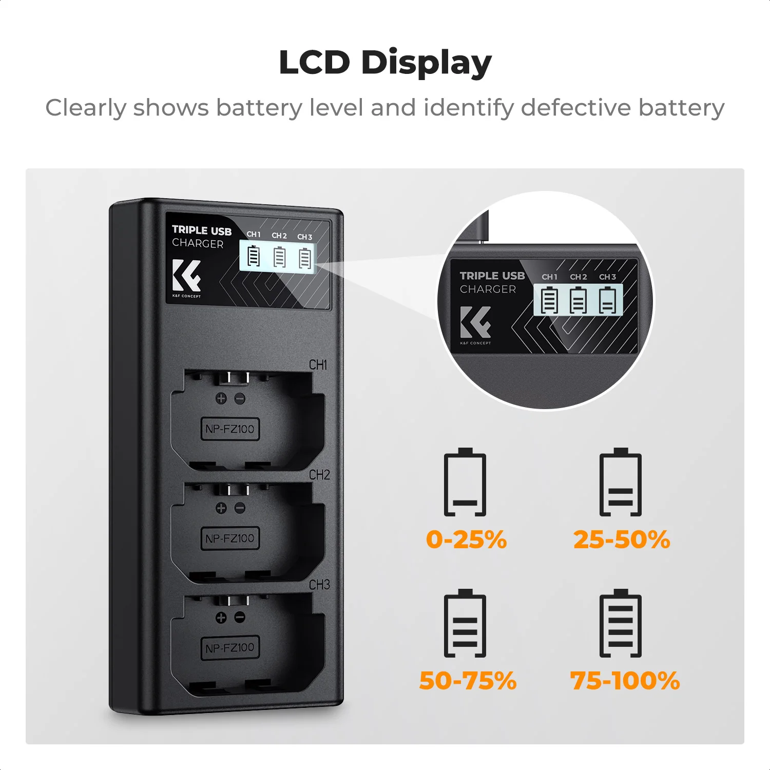 K&F Concept NP-FZ100 Carregador 3 Slots A7iii com Display LCD Carregador de Bateria para Sony A7iii A7iv A7Rv A6700 A6600 A9 A1 FX3 Câmera