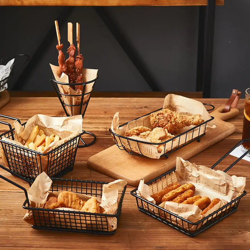 French Fry Basket Stainless Steel Fried Food Bread Dessert Snack Basket American Iron Fried Chicken Plate With Oil Greasy Paper