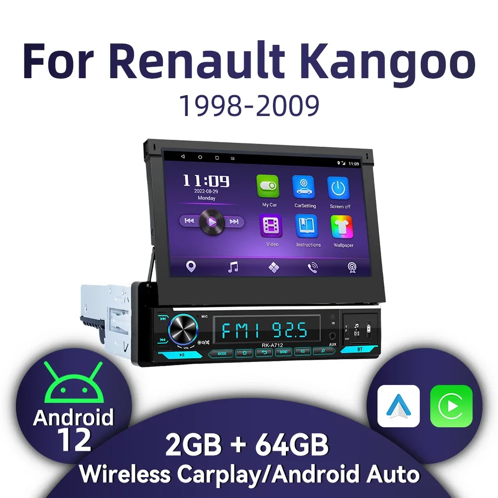 1 Din 7" Retractable Screen Carplay Android Auto Android Car Multimedia Radio for Renault Kangoo 1998-2009 Stereo Head Unit GPS