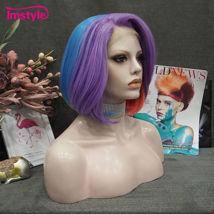 Imstyle Short Bob Wig Colorful Synthetic Lace Front Wig Tinsel Mixed Purple Wig For Women Cosplay Party Wig Heat Resistant Fiber