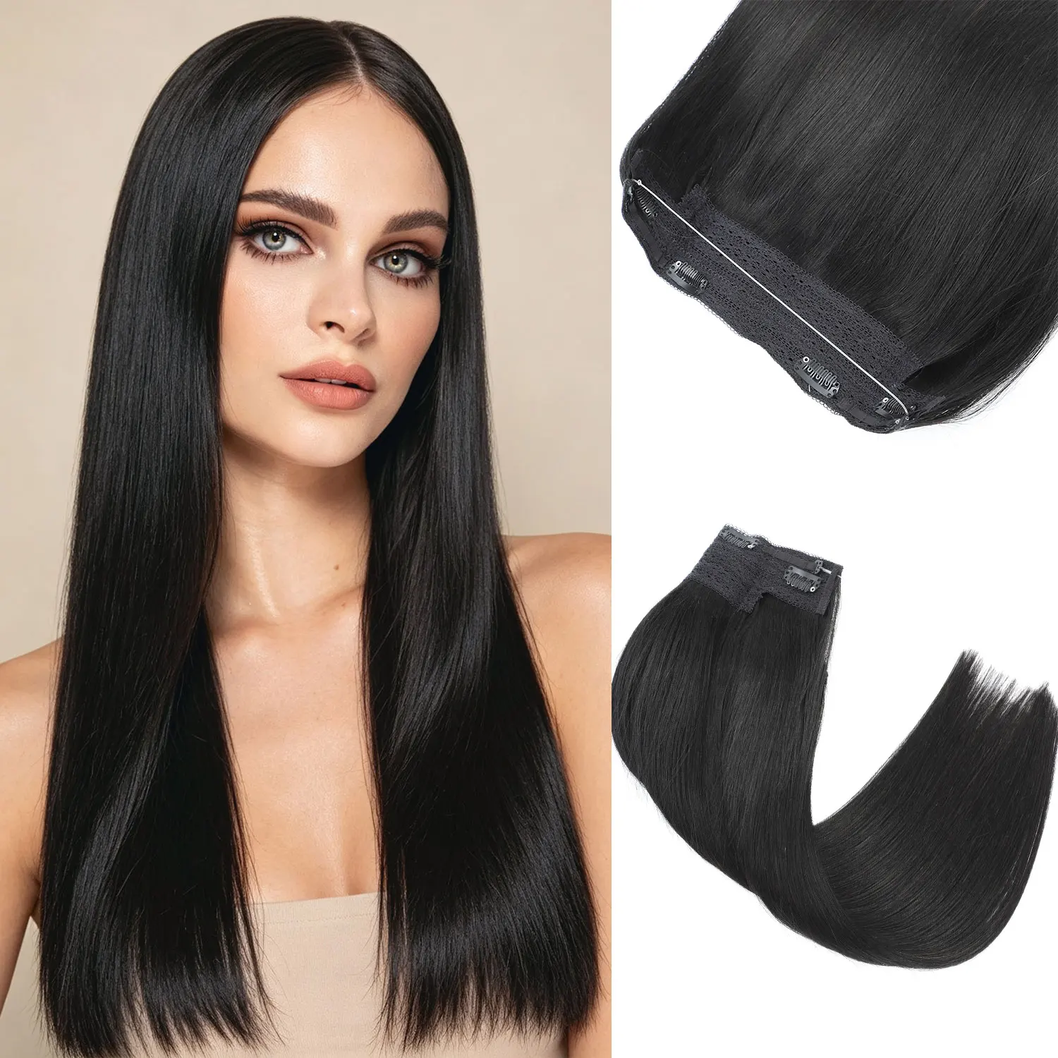 Invisible Wire Hair Extensions Real Human Hair - Transparent Fish Line Clip-Ins Hair Piece, Remy Human Hair Extensions for Women