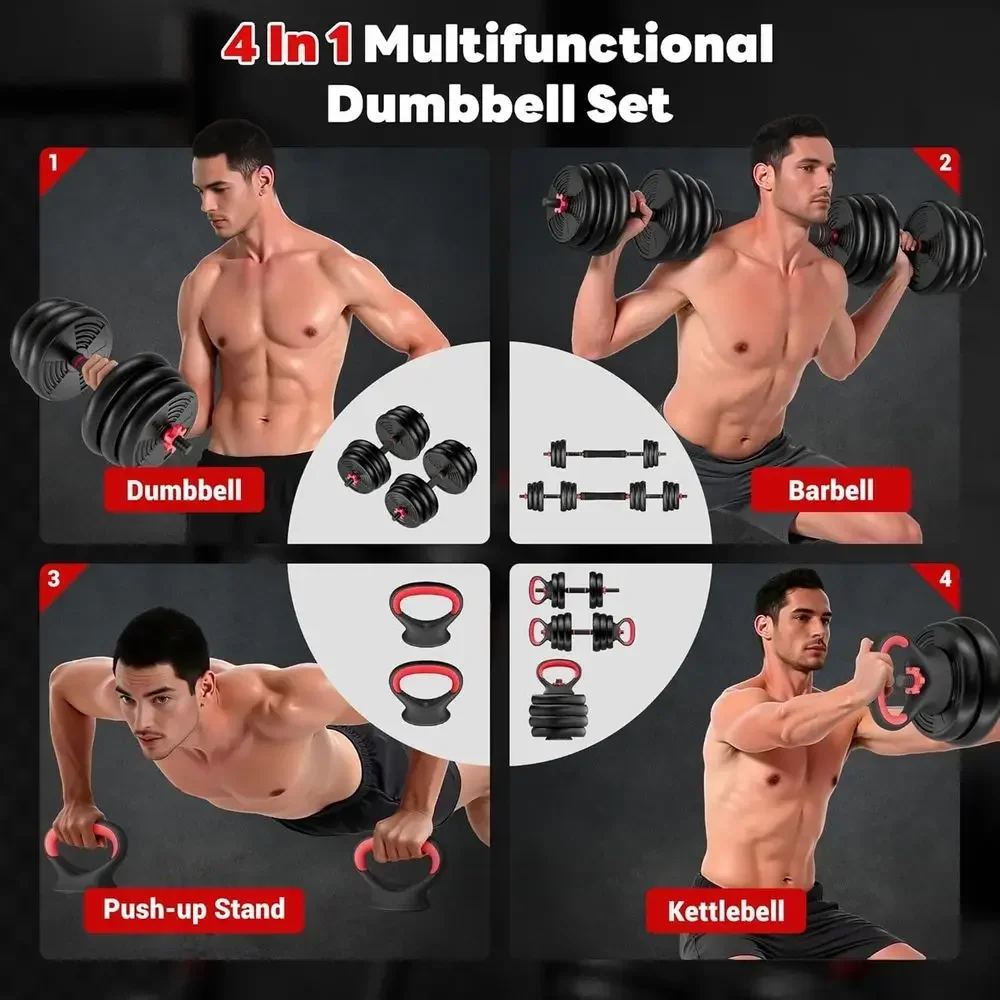 Versatile 55/77 lbs Adjustable Dumbbells Set - 4-in-1 Bar, Kettlebell, Push-Up Stand for Fitness and Home Gym Use
