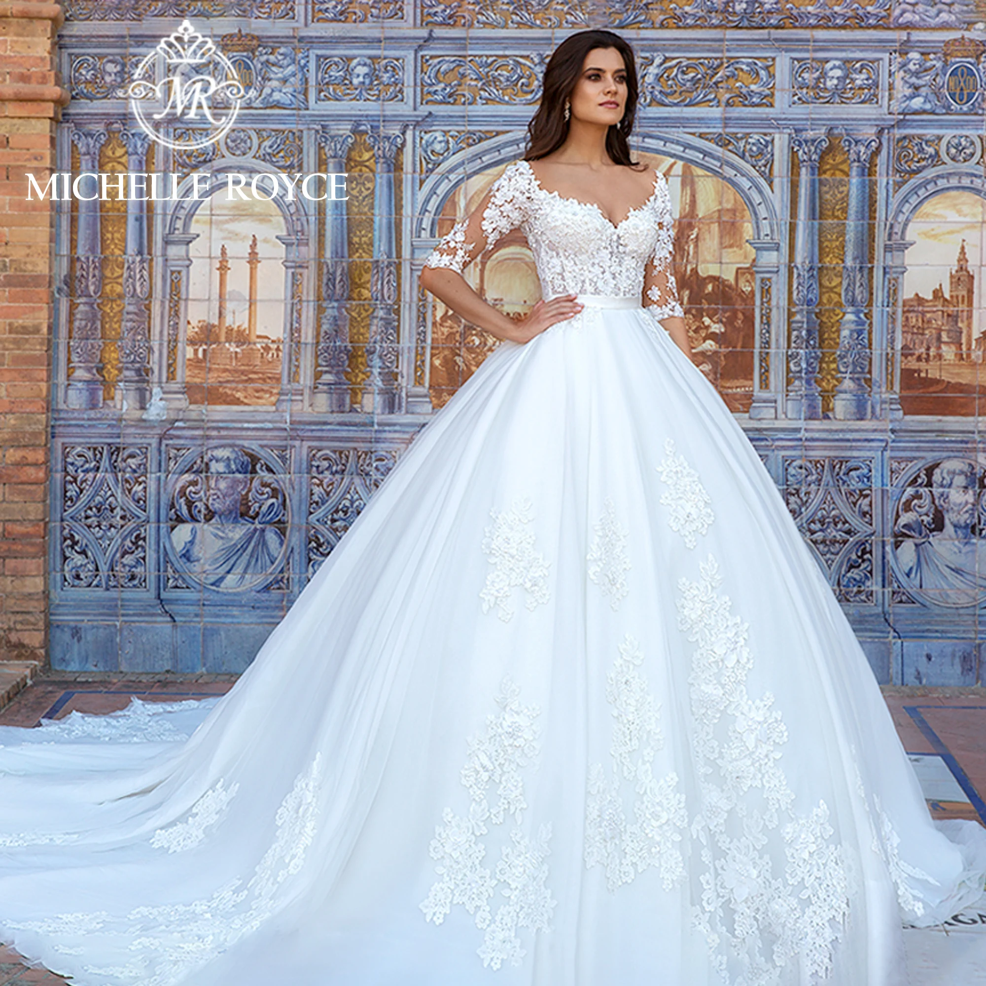 

Michelle Royce Ball Gown Wedding Dresses For Women Half Sleeve Sweetheart Appliques Customized Wedding Gown Vestidos De Novia