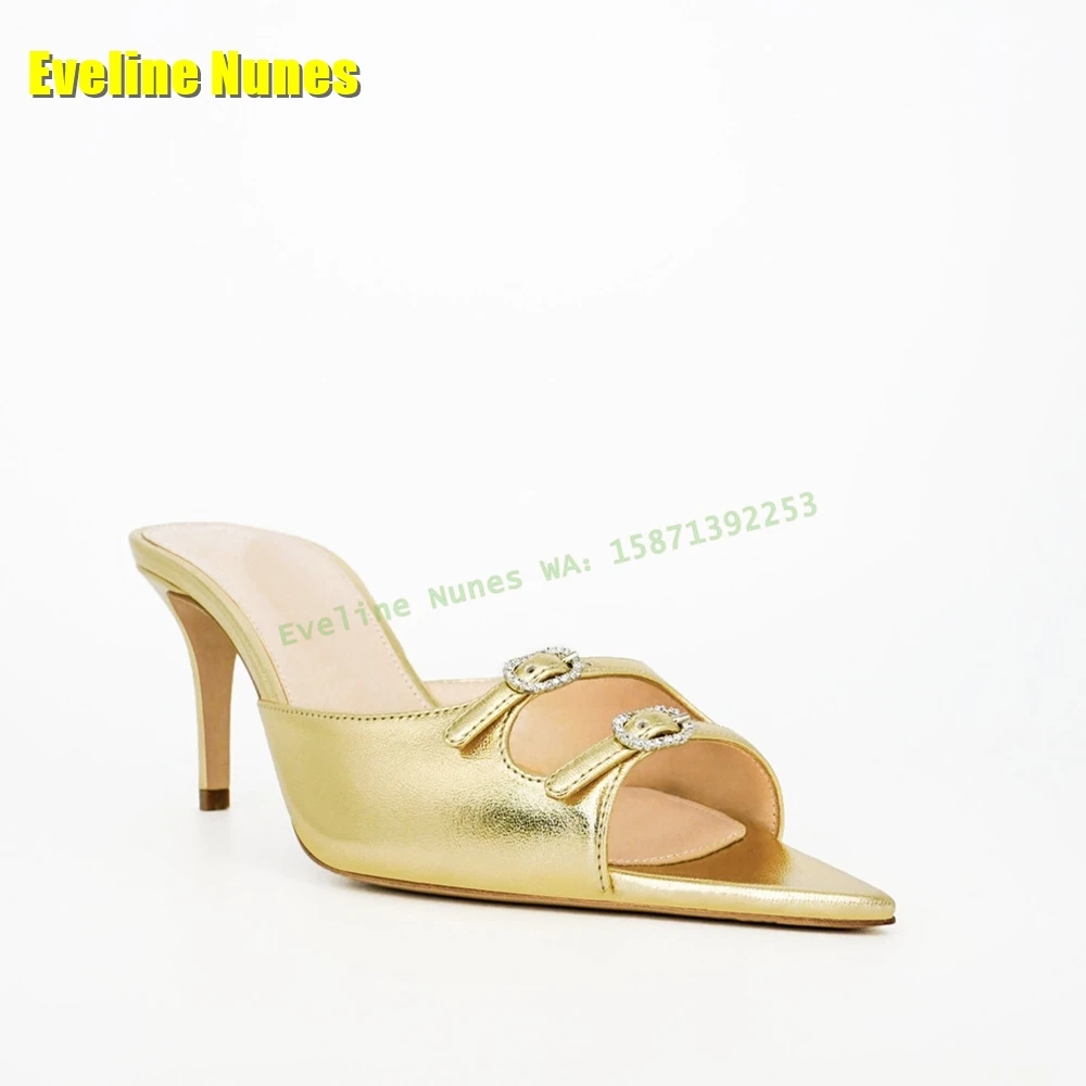Rhinestone Buckle Peep Toe Sandals Pointed Toe Thin Heels Slip On Shallow Mixed Colors Women Slippers 2025 Summer Party Shoes