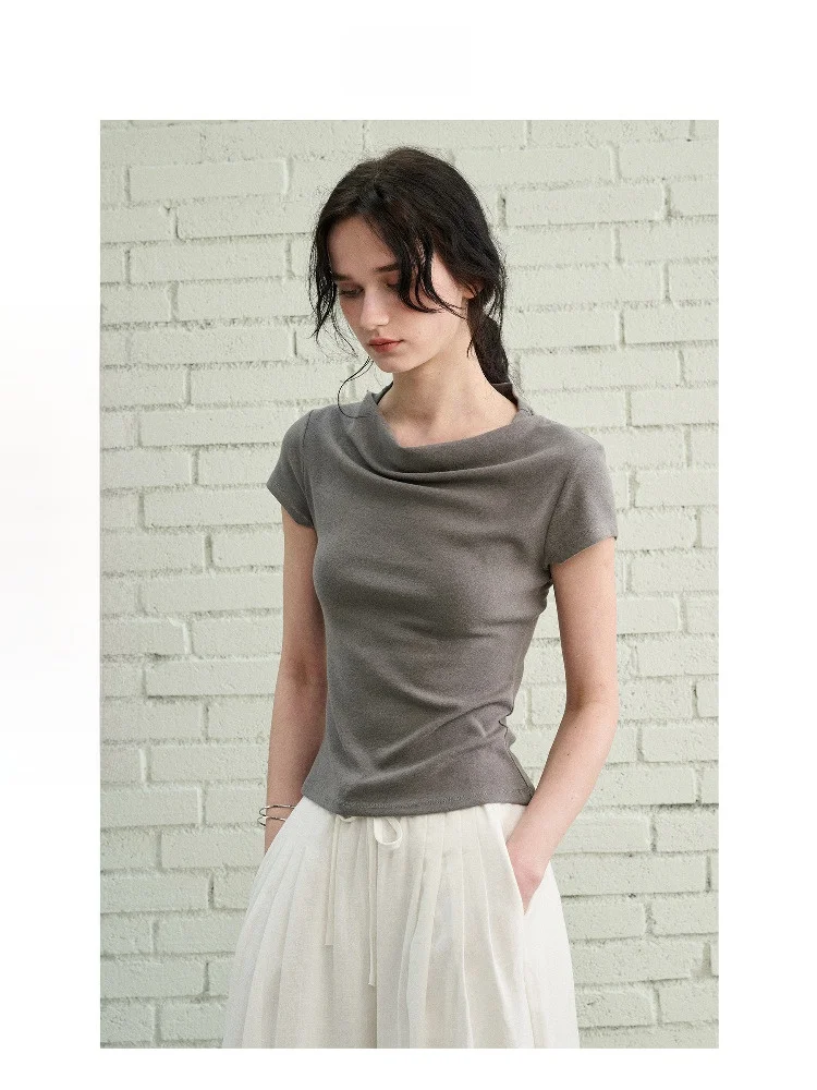 

UNID Весна Лето Футболка oulder Bared ort Sve Slim Fit Casual Sle Pure Color Micro Pinstripe Wide Ne Line Женская...