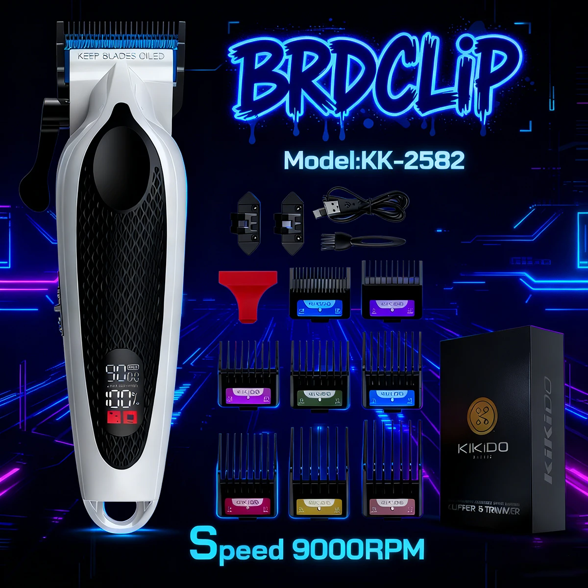 Professional 9000RPM DC Motor All Metal Hair Clipper DLC Blade 4-level Adjustment Trimmer LED Display Hair Styling Machine Men