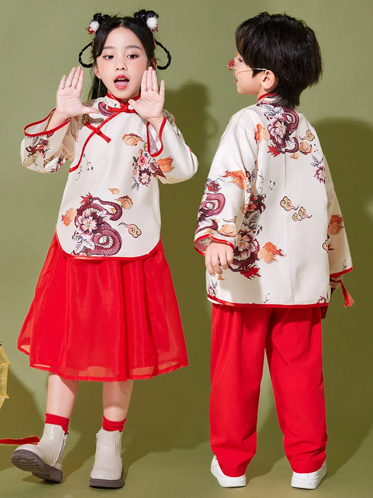 Girls Cheongsam Hanfu Costume Red White Print Tops Red Pants Skirt for Kids Boys Chinese Traditional Clothing