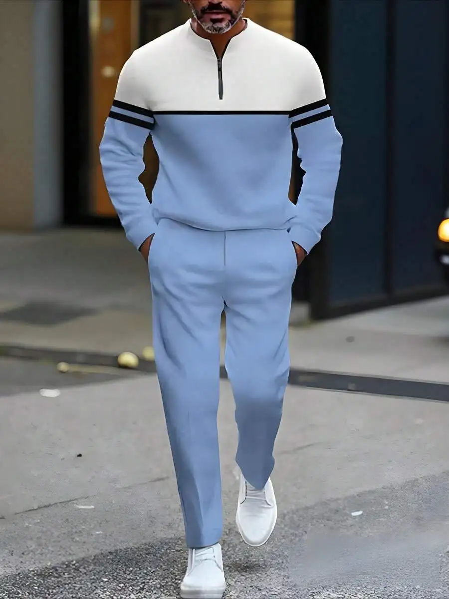 

Mens Light Blue And White Block Design Zip-Up Tracksuit With Black Trim, Slim Fit Athletic Jogger Set For Urban Wear