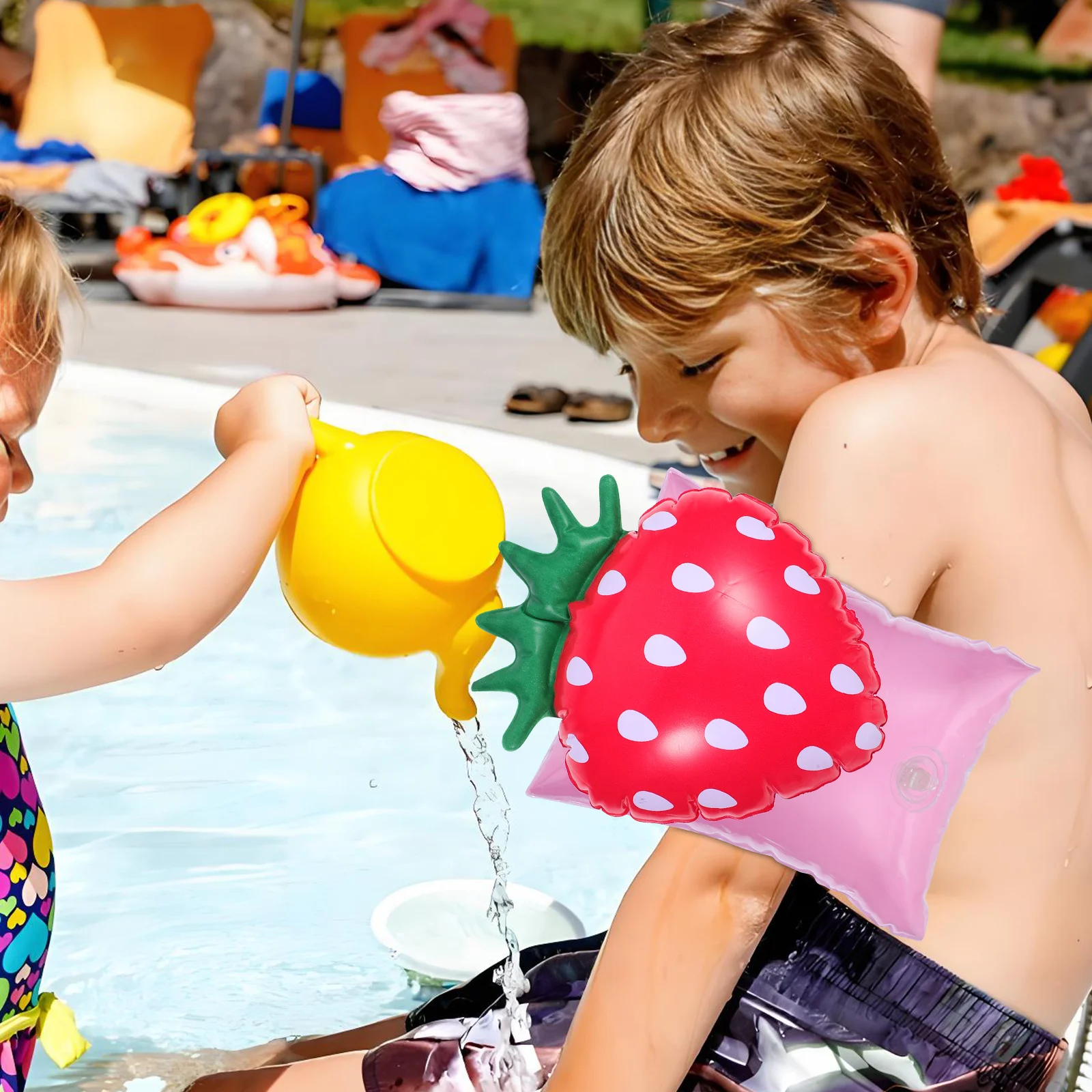 1Pair Inflatable Arm Bands for Kids Swimming Floaties with Strawberry Pattern PVC Waterproof Childrens Swim Training Support