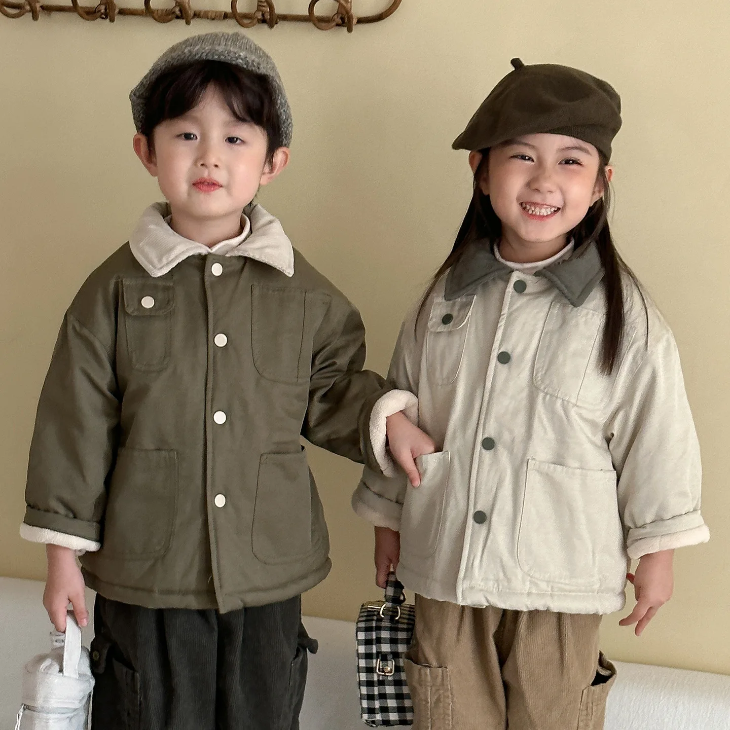 2025 Winter New Children Long Sleeve Fleece Coat Plus Velvet Thick Girls Padded Jacket Solid Boys Warm Cargo Jacket Kids Clothes