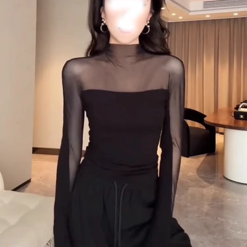 

Bla Me Splice Semi-High Collar Base irt Spring New Sexy See-tough Slimming Trendy Top Women's Lace irt Snowflake Pa...