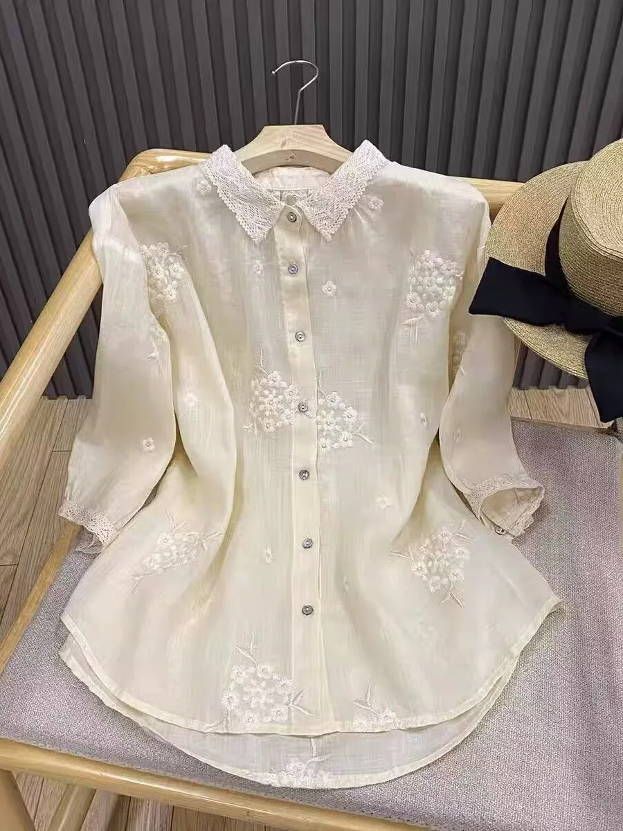 New Chinese Sle Heavy Embroidery Lace Trim Linen irt Women Summer Loose Collar Cotton Linen Open Cardigan Top