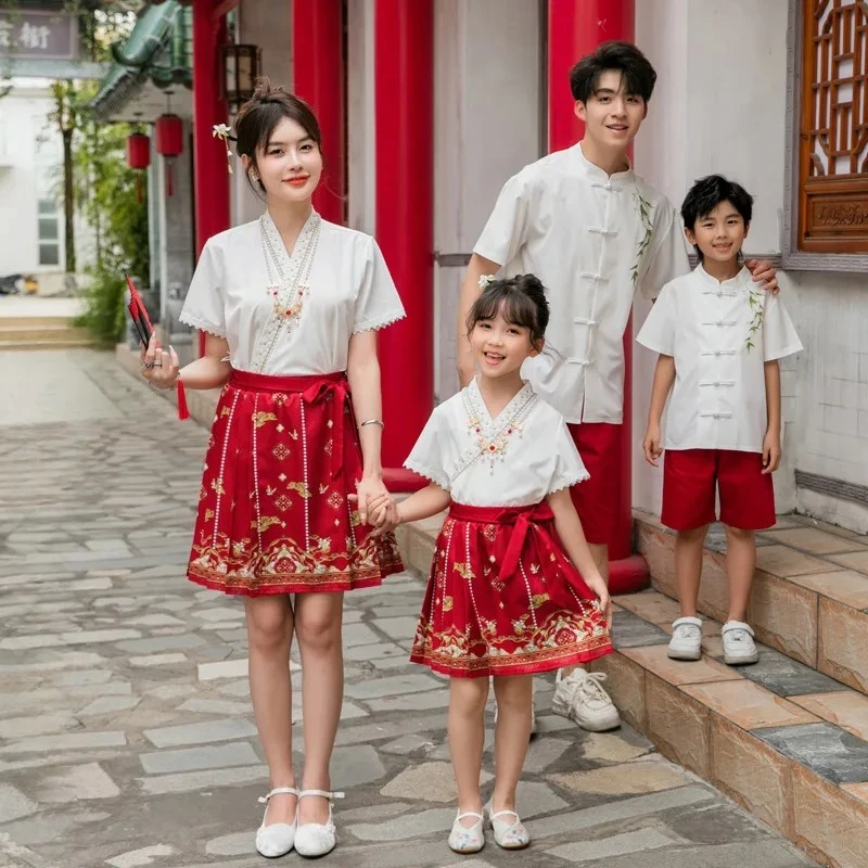 

2026 Summer Chinese Style Family Matching Outfits Mother Daughter Shirt Mamianqun Set Hanfu Father Son Tang Suit Party Costume