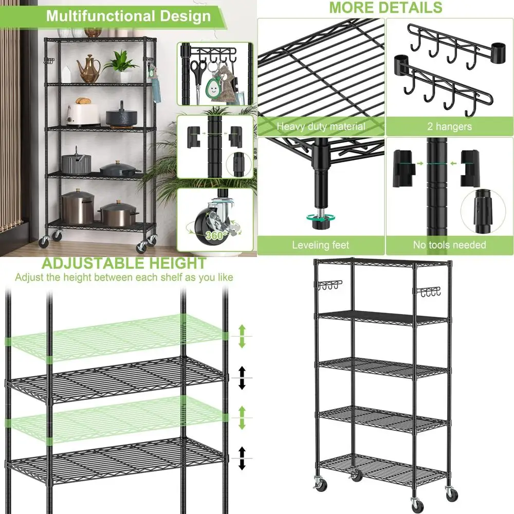 

5-Tier Heavy-Duty Rolling Metal Shelving Unit with Wheels for Industrial, Kitchen, Garage, Pantry, Bathroom, and Laundry Storage