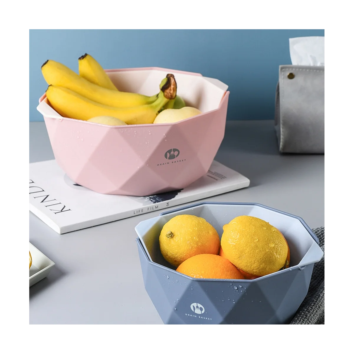 Cesta dupla camada para lavar legumes, esgoto cozinha, bacia de frutas, ferramenta de armazenamento criativo, rosa