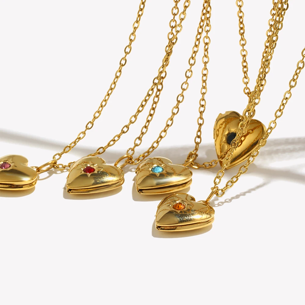 E.B.belle Birth Stone Heart Shape Photo Box Pendant Necklace 316L Stainless Steel Women Jewelry Anniversary Gift Hypoallergenic