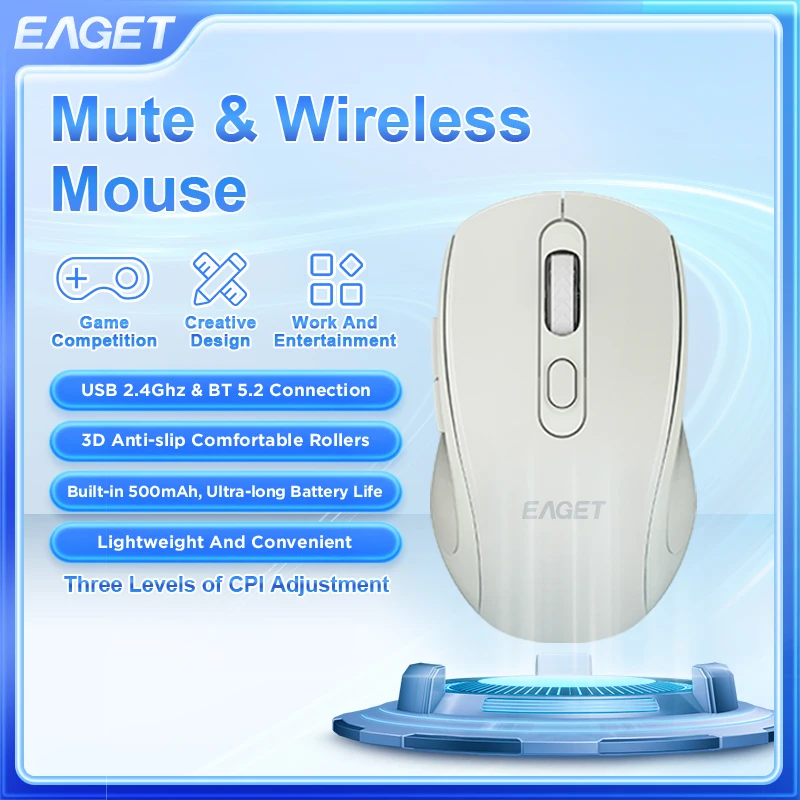 Беспроводная мышь Eaget Bluetooth 5,2, перезаряжаемая/сменная батарея, мышь 1600 точек на дюйм, бесшумный щелчок для ноутбуков, ПК, игровые аксессуары