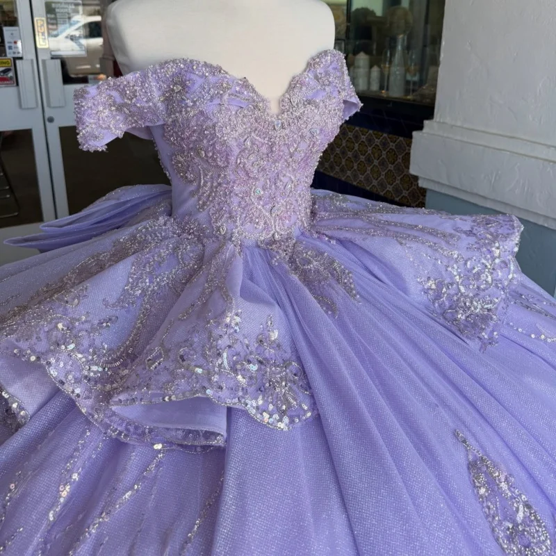 

Lavender Quinceanera Dress Silvery Sequins Crystal Decal Lace Long tail off-shoulder Bow Vestidos De 15 Quinceanera ﻿Customize