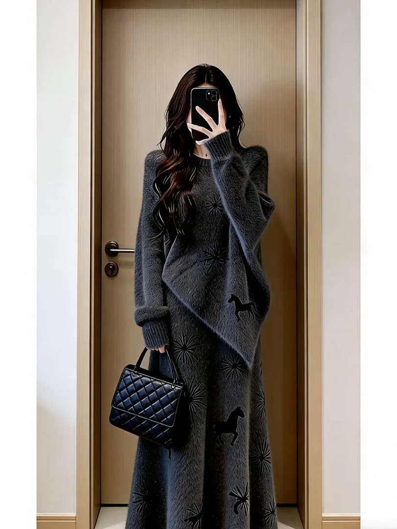 

Зимний модный корейский комплект в стиле Rich Girl, серия Fraance Sle Miu, антивозрастной комплект OOTD, длинный вязаный свитер