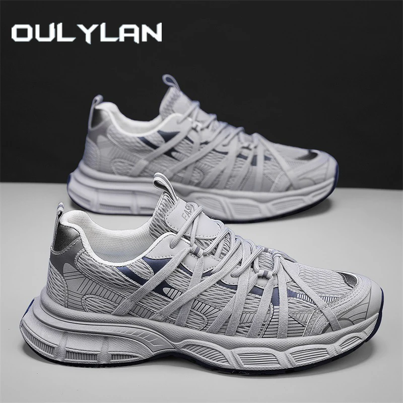 

Oulylan повседневные противоскользящие кроссовки на шнуровке для занятий спортом на открытом воздухе, двухцветные кроссовки, мужская осенняя спортивная обувь с дышащей сеткой