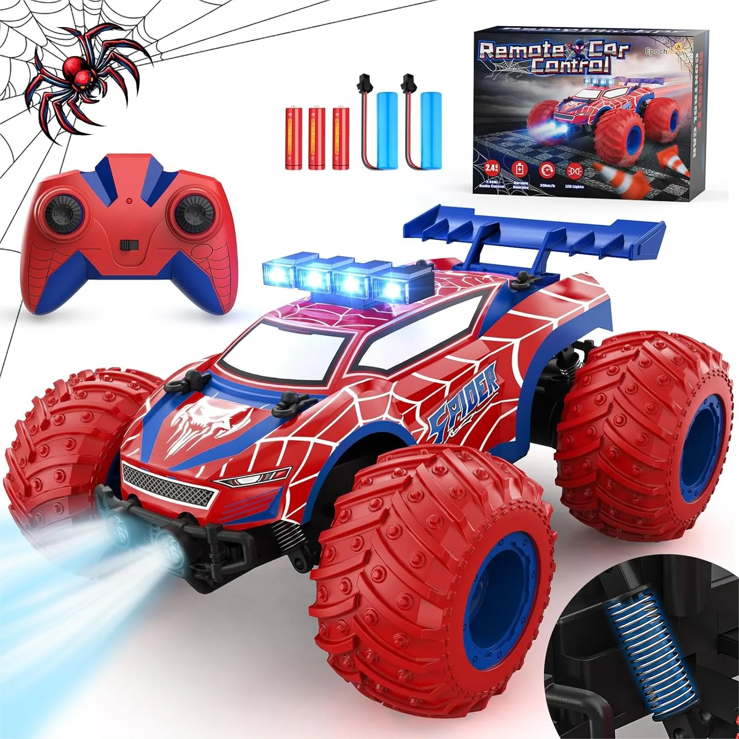 

1:18 Remote Control Car, 20km/h 2.4GHz All Terrain Off-Road Monster Truck with LED Lights, Rechargeable Toy for Kids